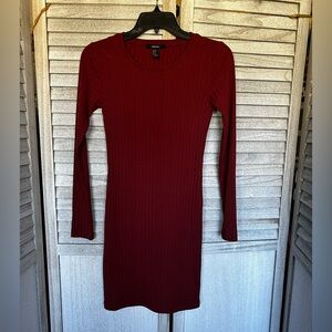 FOREVER 21 Burnt Red Ribbed Fitted Long Sleeve Dress Open Back Size Small